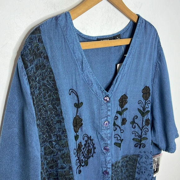 Chainstitch Embroidered Floral Art To Wear Artsy Rayon Button Down Blouse - Picture 3 of 10